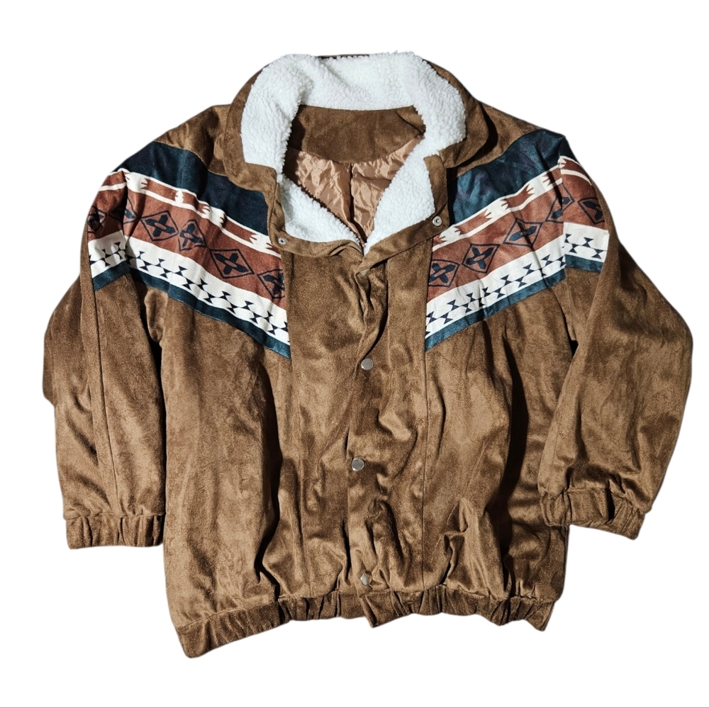 Vintage Southwestern Aztec Suede W's 2XL Jacket Snap Sherpa Trim Pendleton Sty